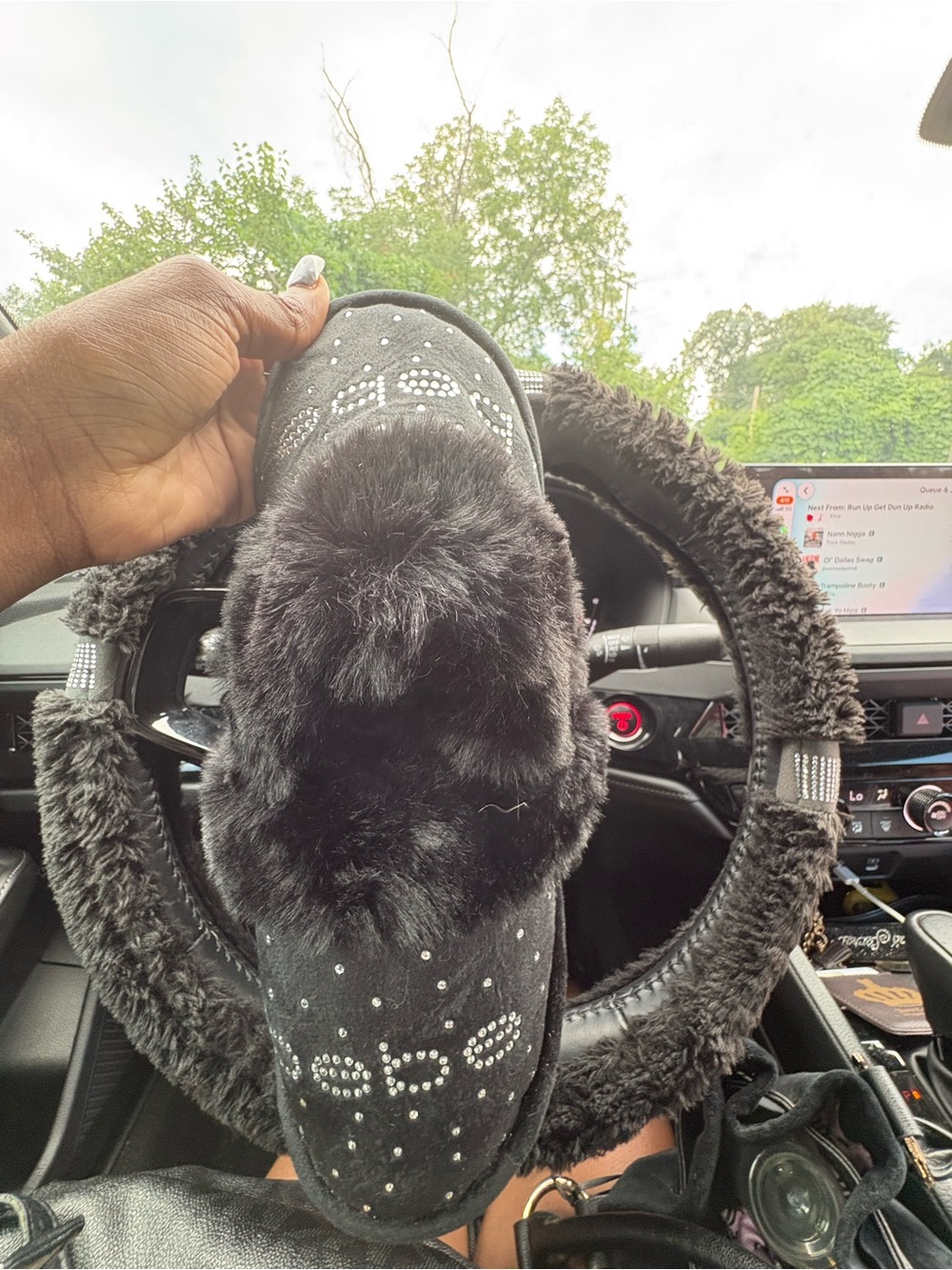 Juicy Couture Black Faux Fur Pom Pom Slippers with Crystal Accents